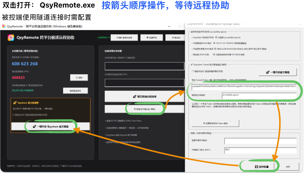 双击打开 QsyRemote.exe 按箭头顺序操作，等待远程协助：被控端使用隧道连接时需配置